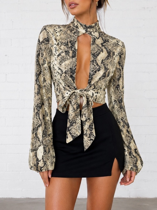 Windsor Tops - Windsor Snakeskin Keyhole Tie Front Crop Top XS Y2K Balloon Sleeve Indie Sleaze